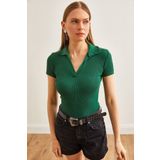 Olalook Kadın Zümrüt Yeşili Polo Yaka Örme Bluz BLZ-19002563