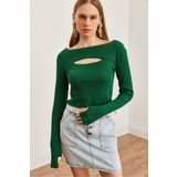 Olalook Kadın Zümrüt Yeşili Roba Cut Out Parmak Detaylı Esnek Crop Bluz BLZ-19002708