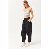 Olalook PNT-19000267 Beli Lastikli Cepli Şalvar Kesim Siyah Kadın Gabardin Pantolon