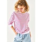 Olalook SWT-19000457 Beyaz Fuşya Yumuşak Dokulu Salaş Kadın Sweatshirt