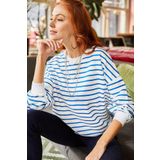 Olalook SWT-19000457 Beyaz İndigo Çizgili Yumuşak Dokulu Salaş Kadın Sweatshirt