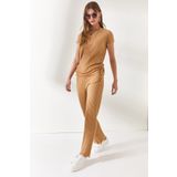 Olalook TKM-19000196 Kadın Camel Yanı Büzgülü Bluz Palazzo Pantolon Takım