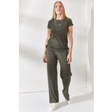Olalook TKM-19000196 Kadın Haki Yanı Büzgülü Bluz Palazzo Pantolon Takım