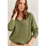 Olalook TNK-19000081 Açık Haki V Yaka Selanik Örgü Oversize Triko Tunik