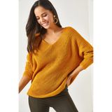 Olalook TNK-19000081 Hardal V Yaka Selanik Örgü Oversize Triko Tunik