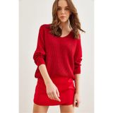 Olalook TNK-19000081 Kırmızı V Yaka Selanik Örgü Oversize Triko Tunik