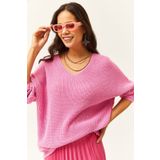 Olalook TNK-19000081 Şeker Pembe V Yaka Selanik Örgü Oversize Triko Tunik