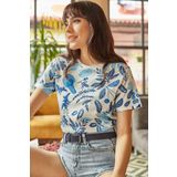 Olalook TSH-19000161 Ekru Mavi Kadın T-shirt