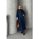 Olcay Beli Büzgülü Çıt Çıt Kapamalı Denim Elbise KOYU MAVİ 9249-E