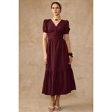 Olcay Drape Detaylı Karpuz Kol Pamuklu Elbise Bordo 9457-E