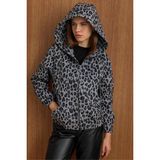 Olcay Kadın Kapüşonlu Leopar Desenli Kısa Kaban Gri Polyester Relaxed Kalıp - 42