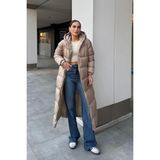 Olcay Kapüşonlu Fermuarlı Bej 6668 Uzun Şişme Mont 2024 Sonbahar - Kış Kalın Polyester Malzeme
