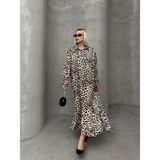 Olcay Leopar Desenli Yandan Yırtmaçlı Oversize Elbise Kahve 9262-E - Standart