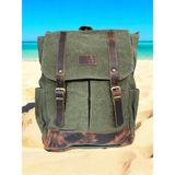 Old Cotton Cargo Kanvas Deri Su Geçirmez Laptop Bölmeli Gezi Okul Seyahat Kamp Sırt Çantası 29 cm x 39 cm - Haki - Kahverengi