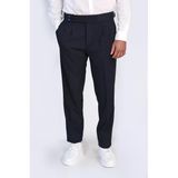 Old Money Stil Çift Pileli Yüksek Bel Toka Detaylı Slim Fit Lacivert Erkek Pantolon – Wessi