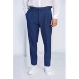 Old Money Stil Çift Pileli Yüksek Bel Toka Detaylı Slim Fit Saks Mavisi Erkek Pantolon – Wessi