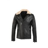 Oliggopol Erkek Siyah Çıkarılabilir Yaka Kürklü Çapraz Model Slim Fit Deri Ceket Mont