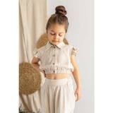 Oliven The Kid Bej Keten Kolu Fırfırlı Düğmeli Göbeği Açık Lastikli Yarım Gömlek Bej