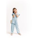 Oliven The Kid Fiyonklu Nakışlı Keten Kız Çocuk Gömlek Mavi
