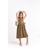 Oliven The Kid Önü Nakışlı Yandan Bağlamalı Keten Elbise Caramel