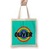 Oliver Name- Vintage Retro Rainbow Style Custom Design Gift Baby-Gift For Hm Bez Çanta Uzun Saplı - Açık Bej - 40 X 40