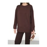 OLİZZA Kadın Kahve Yırtmaç Detaylı Modal Kumaş Tesettür Oversize Basic Tunik Uzun Kollu Sweat