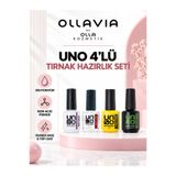 OLLAVIA Uno 4'lü Protez Tırnak Zemin Hazırlık ve Katman Seti – Dehydrator, Asitsiz Primer Bond, Rubber Base ve Super Shine Top Coat (15 ml)