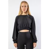 Ollevra Dalgic Kumas Uzun Kollu Oversize Salas Beli Lastikli Kadin Bluz - Siyah
