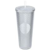 Olomo 750 ml Kapaklı ve Pipetli Soğuk İçecek Bardağı – Mor Kristal Desenli Seyahat Kupası, Termal Yapı, Buzlu Doku, Buzlu Kahve Smoothie Bardak Taşınabilir Yazlık Plastik Bardak (Beyaz)