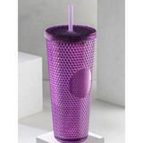Olomo 750 ml Kapaklı ve Pipetli Soğuk İçecek Bardağı – Mor Kristal Desenli Seyahat Kupası, Termal Yapı, Buzlu Doku, Buzlu Kahve Smoothie Bardak Taşınabilir Yazlık Plastik Bardak (Mürdüm)
