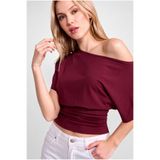 OLYNN Bordo Ultra Premium Soft Bele Oturan Kayık Yaka Kısa Kol Bluz