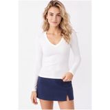 OLYNN Kadın Beyaz V Yaka Uzun Kollu %95 Pamuklu Fitilli Basic Bluz