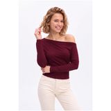 OLYNN Kadın Bordo Asimetrik Yaka Bele Oturan Uzun Kollu Modal Pamuk Bluz