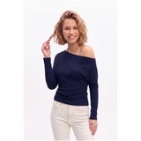 OLYNN Kadın Lacivert Asimetrik Yaka Bele Oturan Uzun Kollu Modal Pamuk Bluz