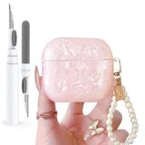 Olytop Sevimli Glitter Airpods 4 Kılıf 2024 için Temizleyici Kalem, Kabuk Desenli Apple Airpod iPod 4. Nesil Kılıf Kapak Koruyucu Cilt Kız Lüks İnci Anahtarlıklı Kadın - Pembe