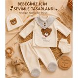 Omeca Concept Yenidoğan Erkek Bebek 5'li Hastane Çıkışı Seti – Ayıcık Nakışlı Pamuklu Bebek Zıbın Takımı - 0 - 3 Ay - Krem