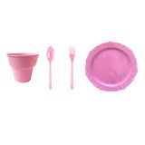 Omeyva 23 Cm. Plastik Mika Pembe Sorfa Piknik Seti - 6 Kişilik Tabak Bardak Çatal Kaşık Takımı