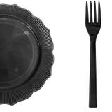 Omeyva 23 Cm. Siyah Sorfa Piknik Seti - Sert Mika Plastik - 72 Kişilik Tabak Çatal Kaşık Takımı