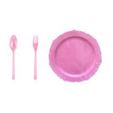 Omeyva 26 Cm. Plastik Mika Pembe Sorfa Piknik Seti - 24 Kişilik Tabak Çatal Kaşık Takımı