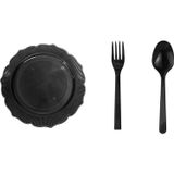 Omeyva 26 Cm. Siyah Sorfa Davet Seti - Sert Mika Plastik - 72 Kişilik Tabak Çatal Kaşık Takımı