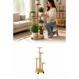 omilife Ahşap 5 Katlı Tekerlekli Çiçeklik Saksılık Dekoratif Daire Model Bitki Rafı