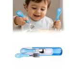 Omilife Çocuk Mama Kaşığı Çatal Seti Silikon Saplı Figürlü Metal Uçlu Bebek Yemek Seti Mavi