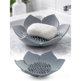 Omilife Gri Lotus Desenli Silikon Sabunluk Su Giderli Katı Sabun ve Sünger Organizer Banyo Mutfak