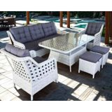 Omit Pazar 5 Kişilik Beyaz Örgü Rattan Oturma Grubu Minderli & 80x120cm Masa+puflu Takım