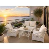 Omit Pazar Aura Beyaz Rattan Bahçe Balkon Oturma Takımı 2+1+1 Cam Sehpalı