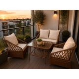 Omit Pazar Rattan Bahçe Balkon Oturma Takımı 2+1+1 Kahverengi Cam Sehpalı, Modern Balkon Ve Teras Mobilyası
