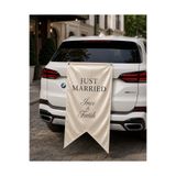 Omnixer Kişiye Özel Gelin Arabası Arka Cam Bezi Just Married Krem Saten Düğün Arabası Süsü