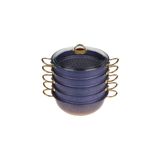 OMS 6091c - 6 Parça Bio Granit, 32 Cm- 9,0 Litre Özbek Buharlı Mantı Tencere Seti Mavi Gövde, Gold Detay