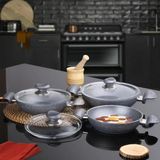 Oms Bio Granit 6 Parça Kapaklı Sahan Seti Gri | Yapışmaz Biogranit | 18-20-22 Cm