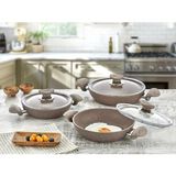 Oms Bio Granit 6 Parça Kapaklı Sahan Seti Kahve | Yapışmaz Biogranit | 18-20-22 cm - Kahverengi